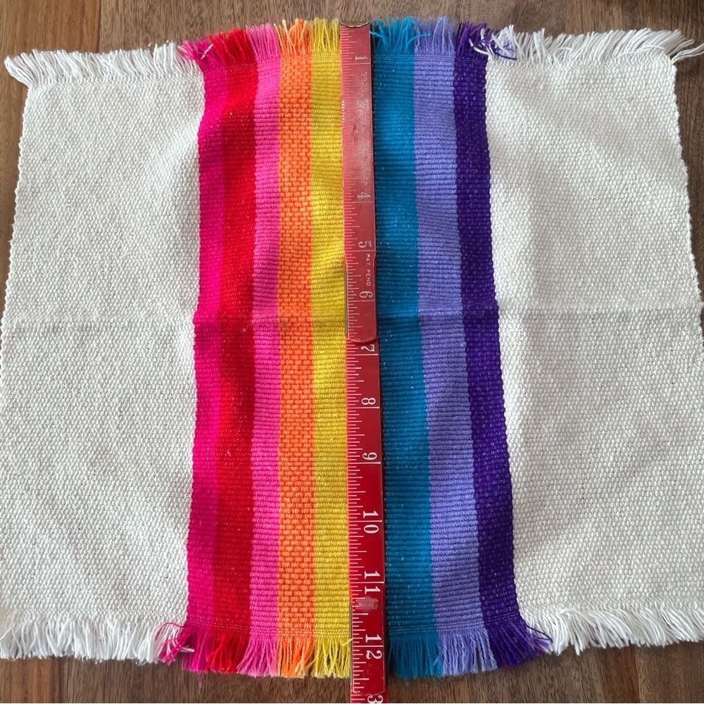 Striped Rainbow Fringe Edge Placemat Square Corners Set of 4 Picnic Retro Bright - Picture 7 of 13